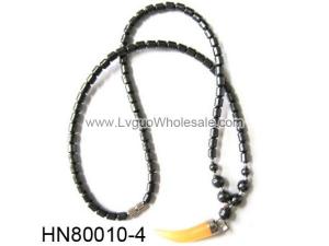 Yellow Agate Beads Pendant Horn Shape with Hematite Beads Strands Necklace